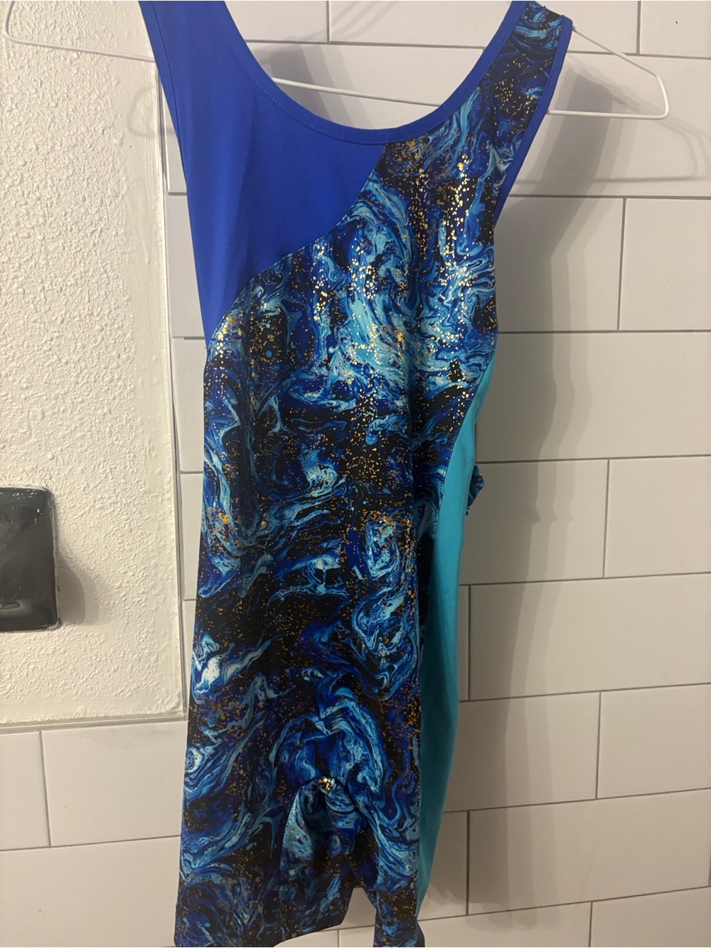 Danskin Now Gymnastics Blue Marble-Print Dress with Teal Panel